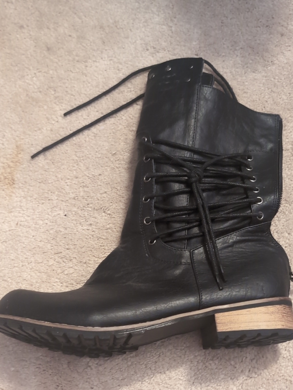 Women's Black Boots With Lace-Up Sides, Studs, And Stacked Heel
